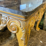 Brown Carved Wood Base Stone Top Side Table