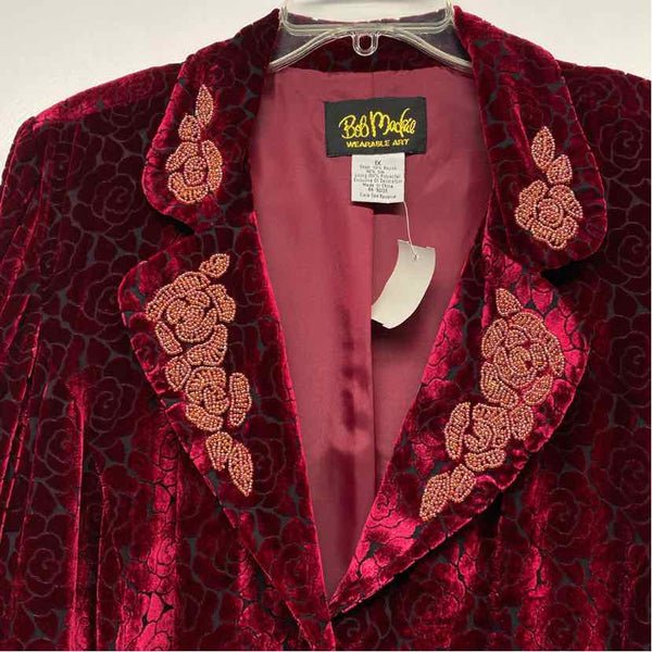 Bob Mackie Warable Art Women's Size 1X Red Embossed Beaded Button Up Jacket