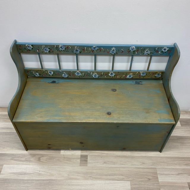 Hand Painted Blue-Multi Floral Wood Storage Bench