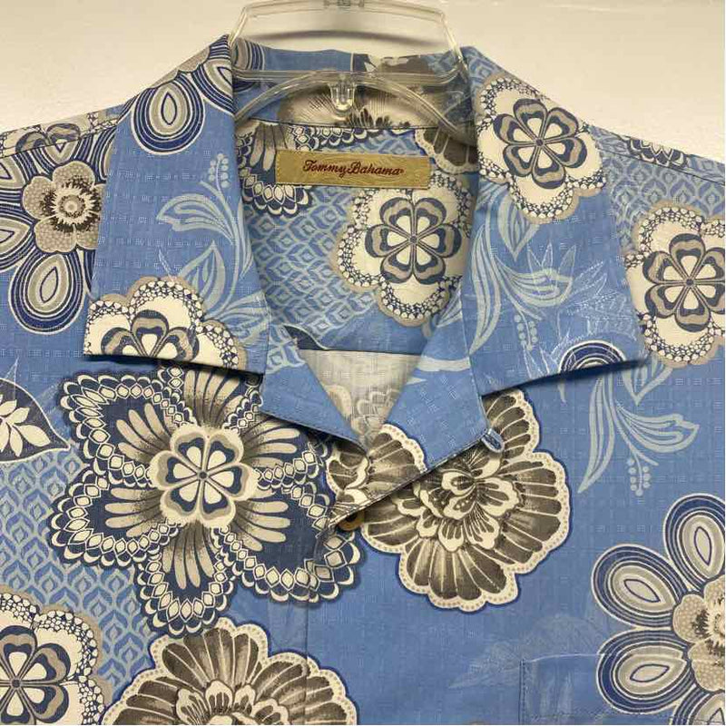 Tommy Bahama Size L Blue-White Silk Pattern Men's Men's Short Sleeve Shirt