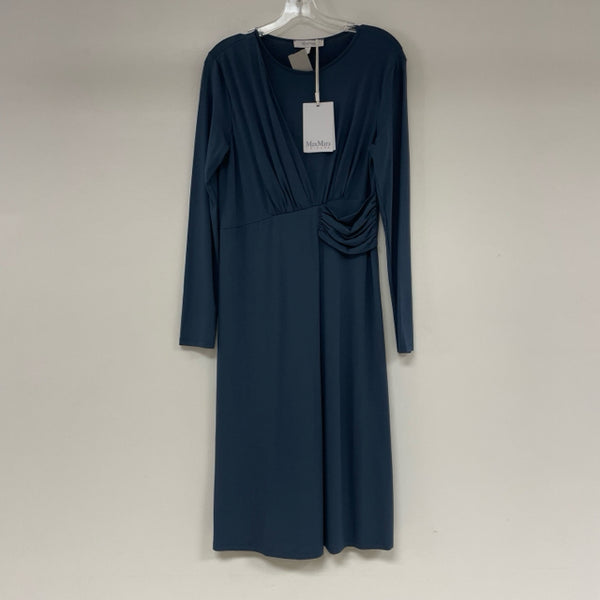 Max Mara Erica Size L Blue Solid Long Sleeves Faux Wrap Dress