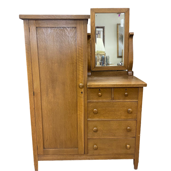 Brown Wood Dressers/Chest w Hanging Cupboard, 5 Drawers and Mirror