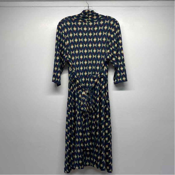 Audrey Whitmore Size L Women's Navy-Multicolor Pattern Faux Wrap Dress
