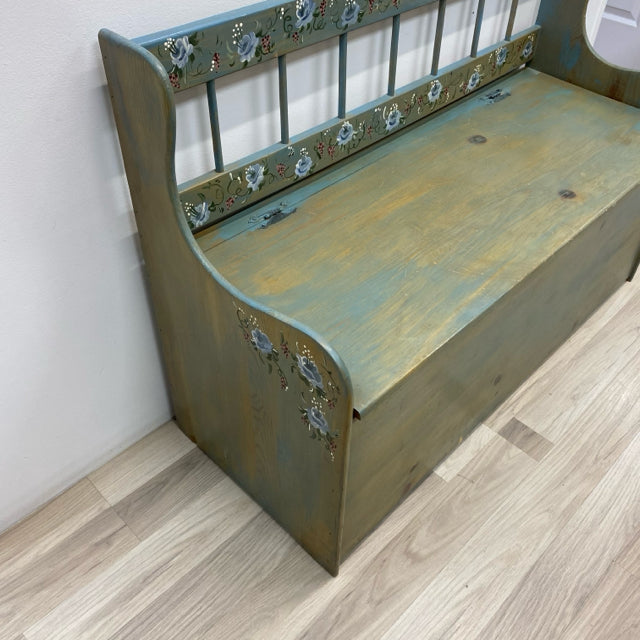 Hand Painted Blue-Multi Floral Wood Storage Bench