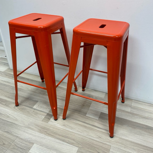 Tolix Orange Metal Solid Stool - Sold as a Pair