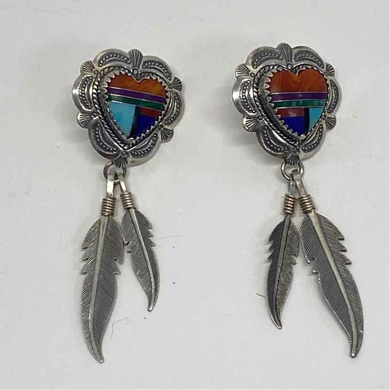Silver-Multicolor Sterling Silver Heart Shape Southwestern Earrings