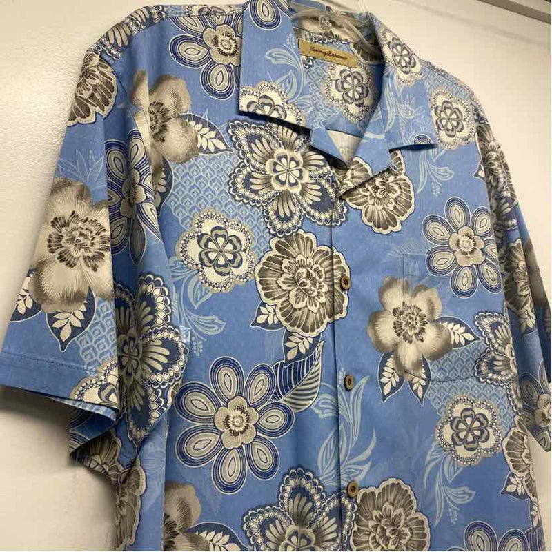 Tommy Bahama Size L Blue-White Silk Pattern Men's Men's Short Sleeve Shirt