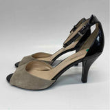 Franco Sarto Size 8 Women's Beige-Black Color Block Open Toe Ankle Strap Heels
