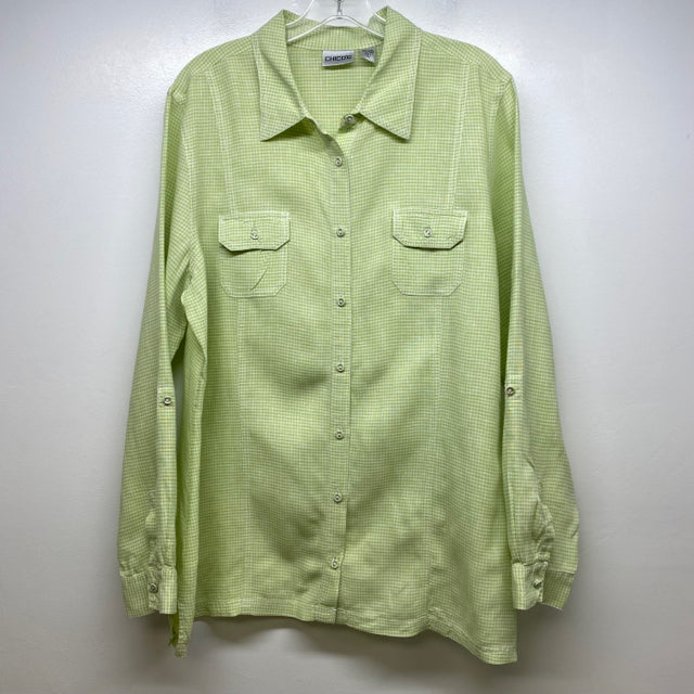 Chico's Size XL-3 Women's Green-White Plaid Button Down Blouse