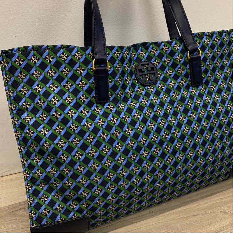 Tory Burch Navy-Green Nylon Signature Tote Handbag