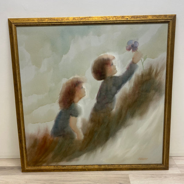 Signed Canvas Painting - Two children with a flower