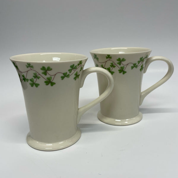 Shannon Cream-Green Ceramic Mug with Shamrock Pattern Set of 2