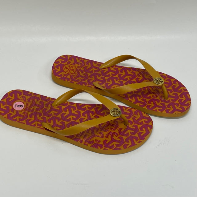 Tory Burch Size 8-9 Women's Orange-Multi Geometric Camel Toe Flip Flops