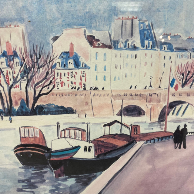 Yves Brayer Buildings, bridge and boats scene