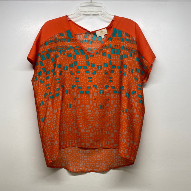 Collective Concepts Women's Size S Orange-Multi Geometric Short Sleeve Top