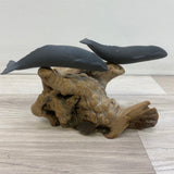 John Perry Brown-Black Sculpture of 2 Whales on Burled Wood Base
