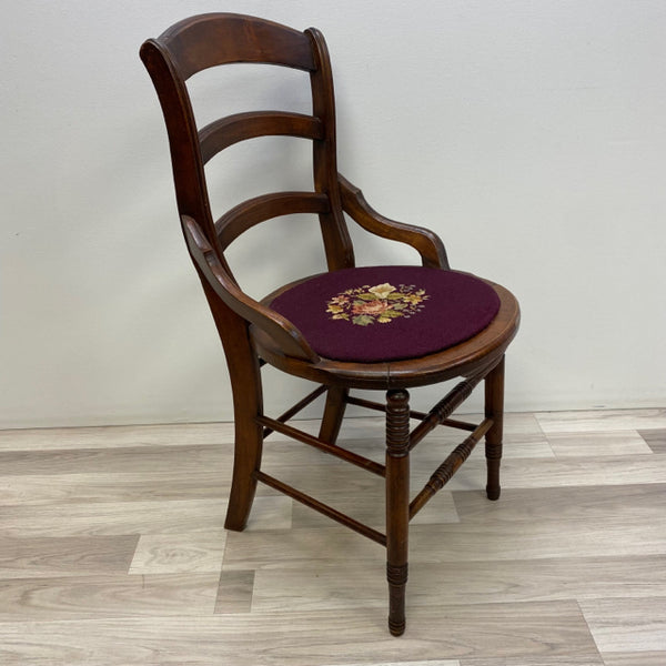 Antique Brown Wood Needlepoint Seat Chair