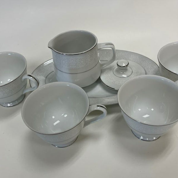 Brentwood White-Silver Fine China Teacups, Creamer, Dish