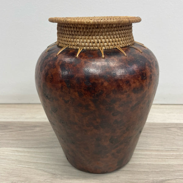 Made in Indonesia Brown Terracotta Vase w Rattan Lip