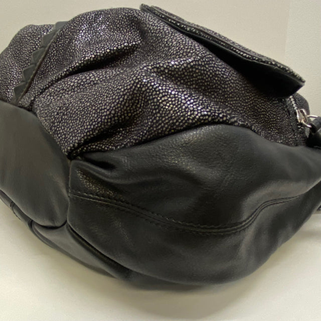 Makowsky Strap Metallic Silver Leather Black With Pewter Bag Euc Large B  Hobo, Hobos