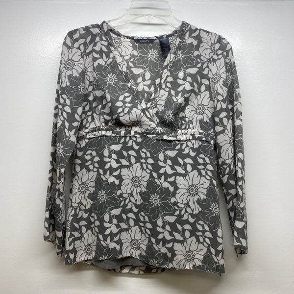 Liz Claiborne Women's Size M Gray-White Floral Empire Waist Blouse