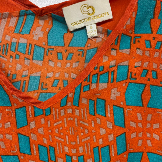 Collective Concepts Women's Size S Orange-Multi Geometric Short Sleeve Top