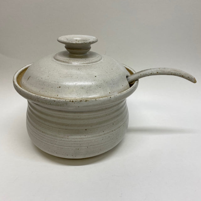 Handmade Beige Clay Pottery Soup Tureen with Lid and Ladle