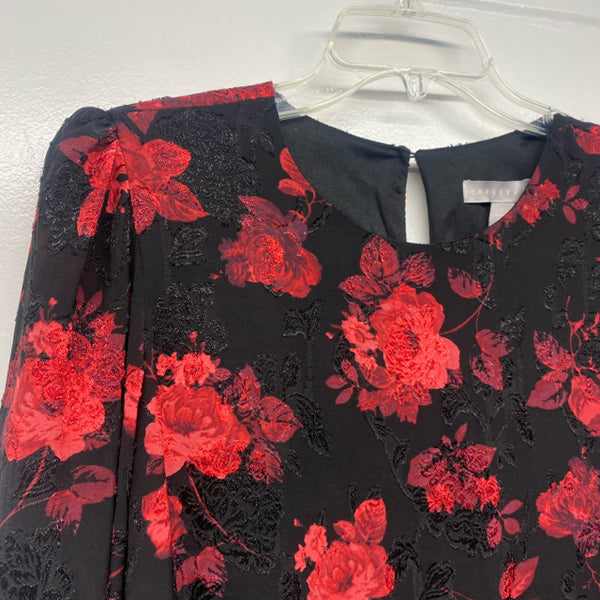 Chelsea 28 Size L Women's Black-Red Floral Fit And Flare Long Sleeve Dress