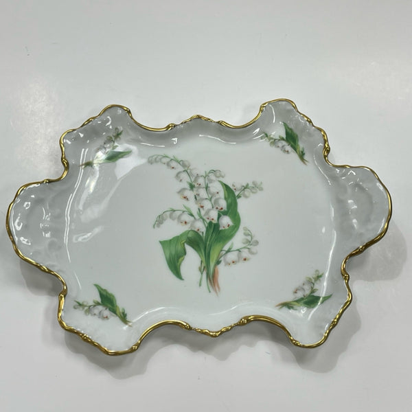 Chamart Limoges White-Multicolor Porcelain Gold Trimmed Scallop Edged Tray