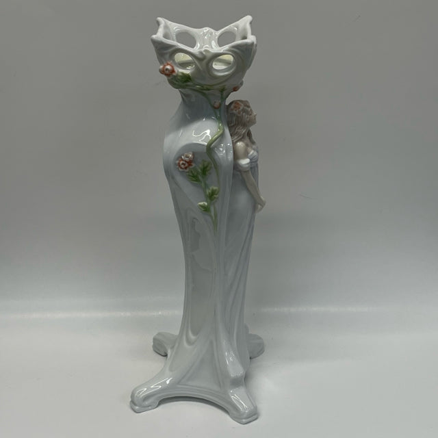 Unicorn Studio White-Multicolor Porcelain Vase - Bas Relief Maiden w Peonies