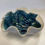 Cream-Blue Ceramic Footed Bowl in Clam Shell Shape
