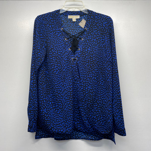 Michael Michael Kors Size S Women's Blue-Black Pattern Faux Wrap Blouse