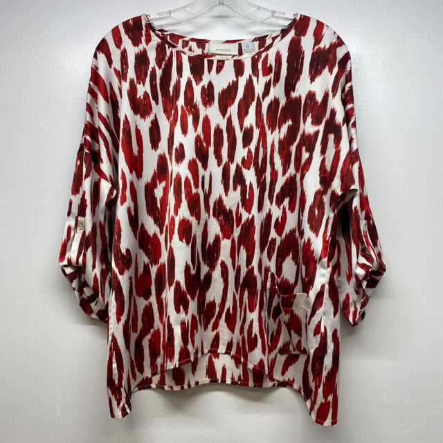 Chico's Size 0-S Women's Red-White Pattern Crew Neck Long Sleeve Top