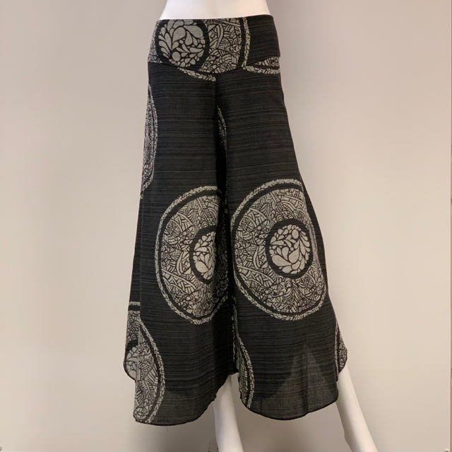 Pants cotton flat waist flare leg Side Slit Round Print