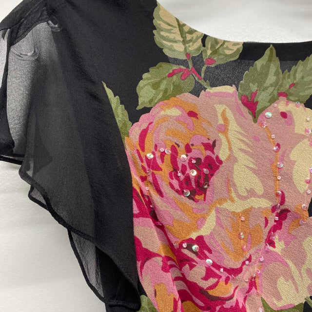 Robbie Bee Size 8-M Women's Black-Multi Floral Set Short Sleeve Top