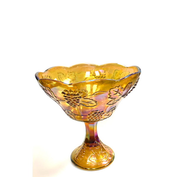 Carnival Glass Gold Pedestal Bowl w/ Grape Design