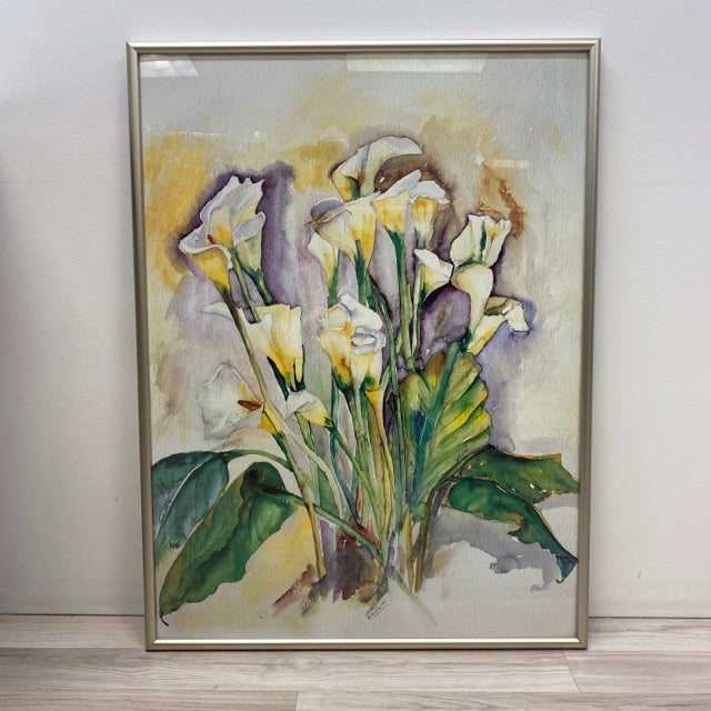 White-Multicolor Signed G Chiqbotto Lilies with Silver Frame