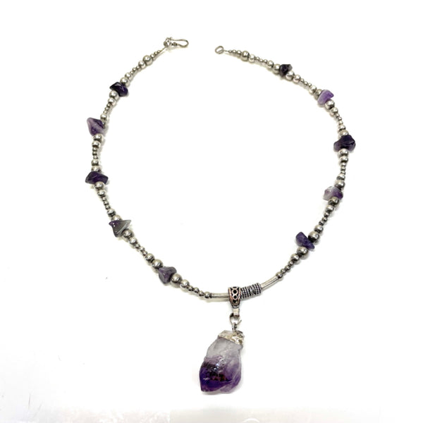 Silver-Purple Necklacewith Raw Amethyst Pendant