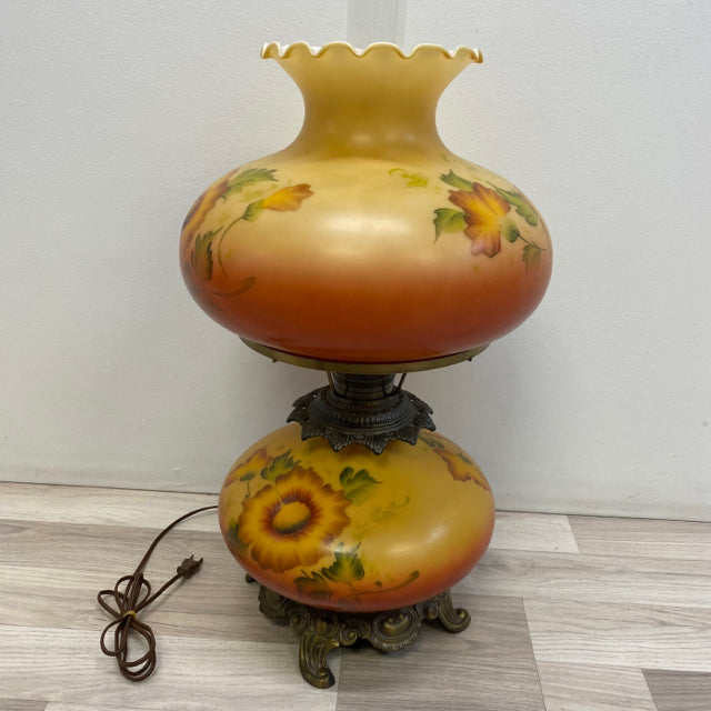 Hand Painted Yellow-Multicolor Fenton Hurracaine Glass Lamp