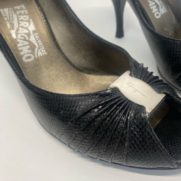 Salvatore Ferragamo Size 10 Women s Black Animal Print Open Toe Shoes Treasures Upscale Consignment