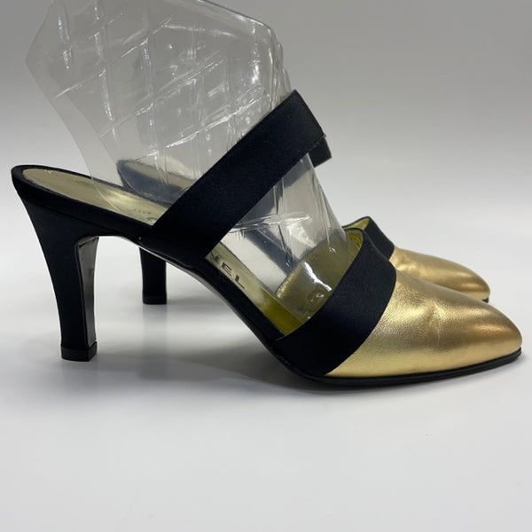 Chanel Size 39-8 Women's Black-Gold Color Block Slingback Shoes