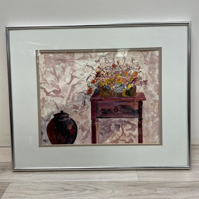 Watercolor  Painting By Marilyn Wimmer - Mahogany Table and vase