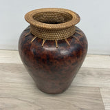 Made in Indonesia Brown Terracotta Vase w Rattan Lip