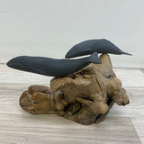 John Perry Brown-Black Sculpture of 2 Whales on Burled Wood Base