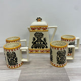 Clay Art Aztec Tea Pot and 4 Mugs Set