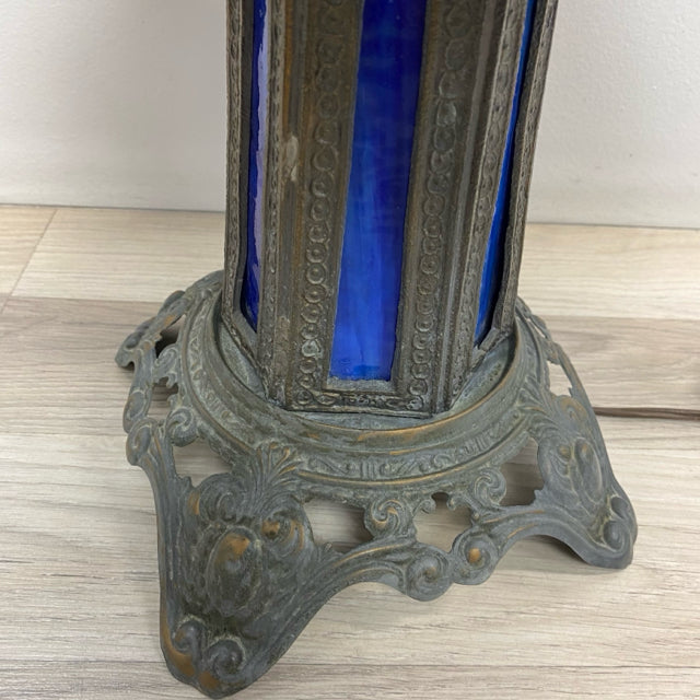 Vintage Blue Paneled Hexagon Slag GLass Table Lamp