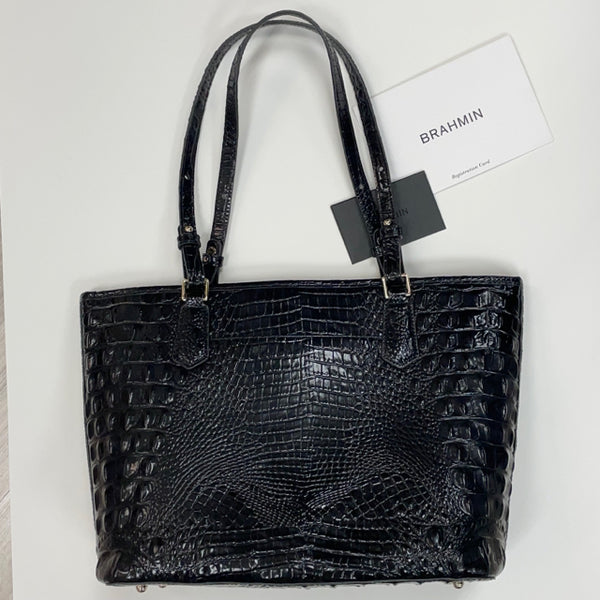 Brahmin Black Leather Animal Print Tote Handbag