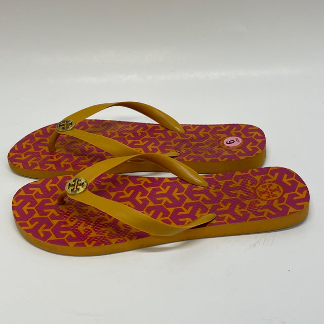 Tory Burch Size 8-9 Women's Orange-Multi Geometric Camel Toe Flip Flops