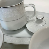 Brentwood White-Silver Fine China Teacups, Creamer, Dish