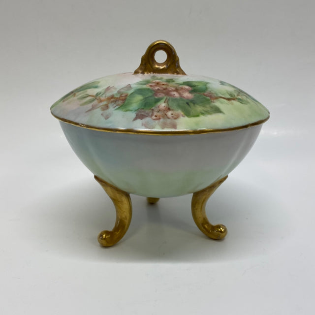 Limoge Footed Round Trinket Box Floral Handpainted by Emma Seitz